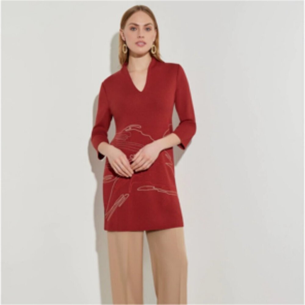 Misook Abstract Embroidered Tunic V-Neck Knit Top NWT NEW Rust Small
